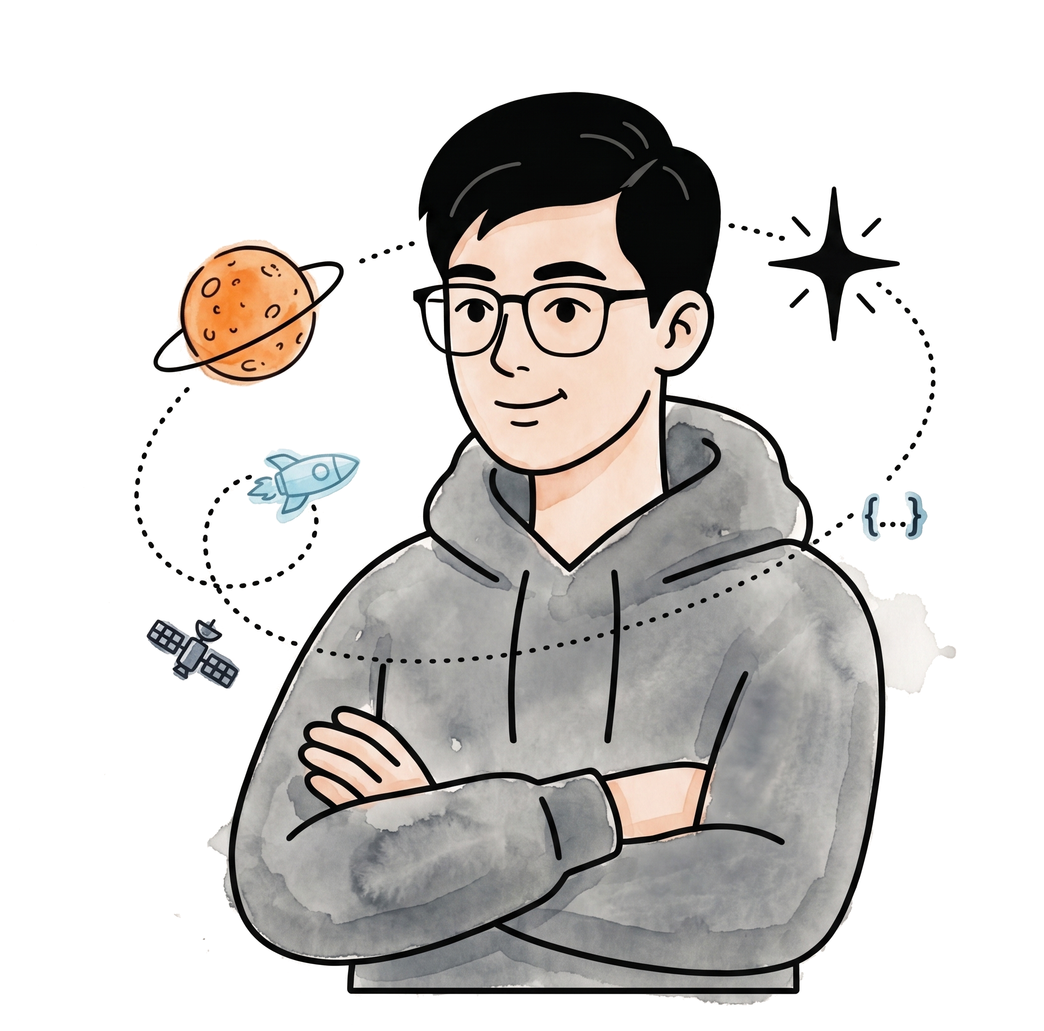 Doodle of Vhen surrounded by a planet, rocket, satellite, star and a code bracket